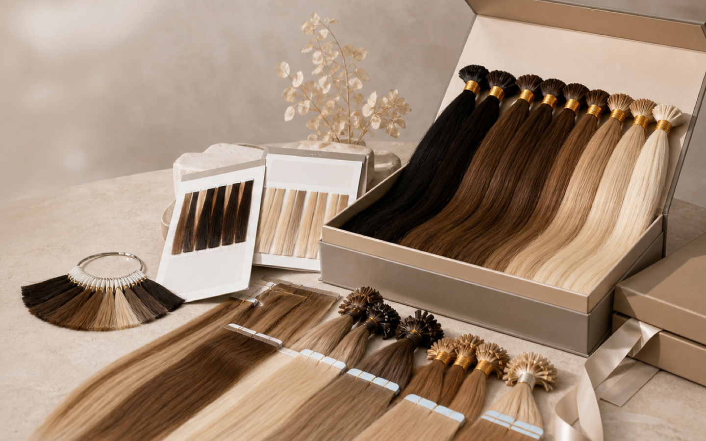 Human hair extension sample kit and colour swatches